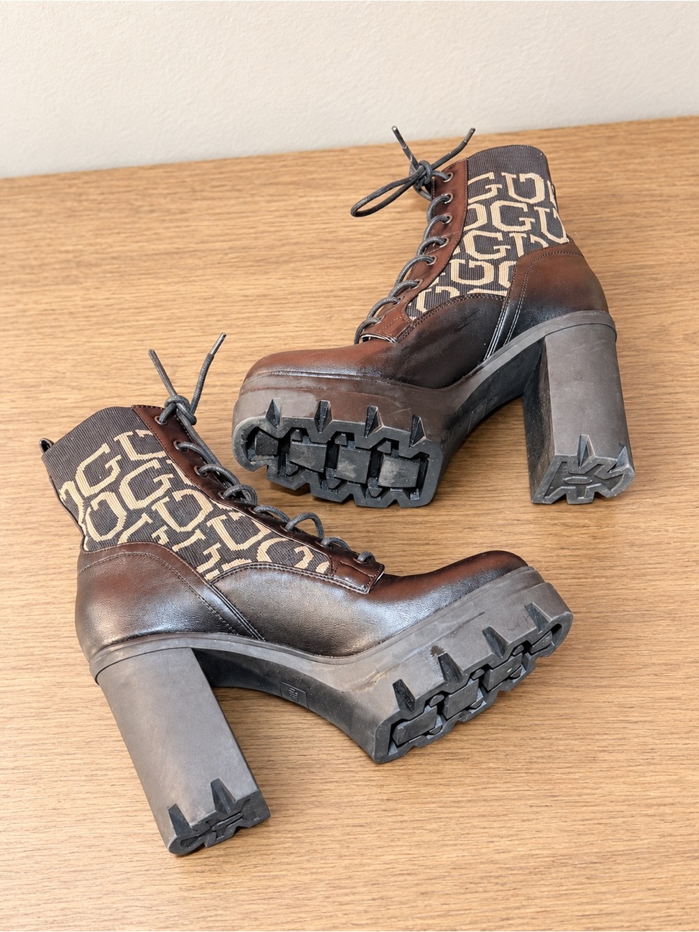 Guess Brown Logo Lace-Up Platform Heeled Boots